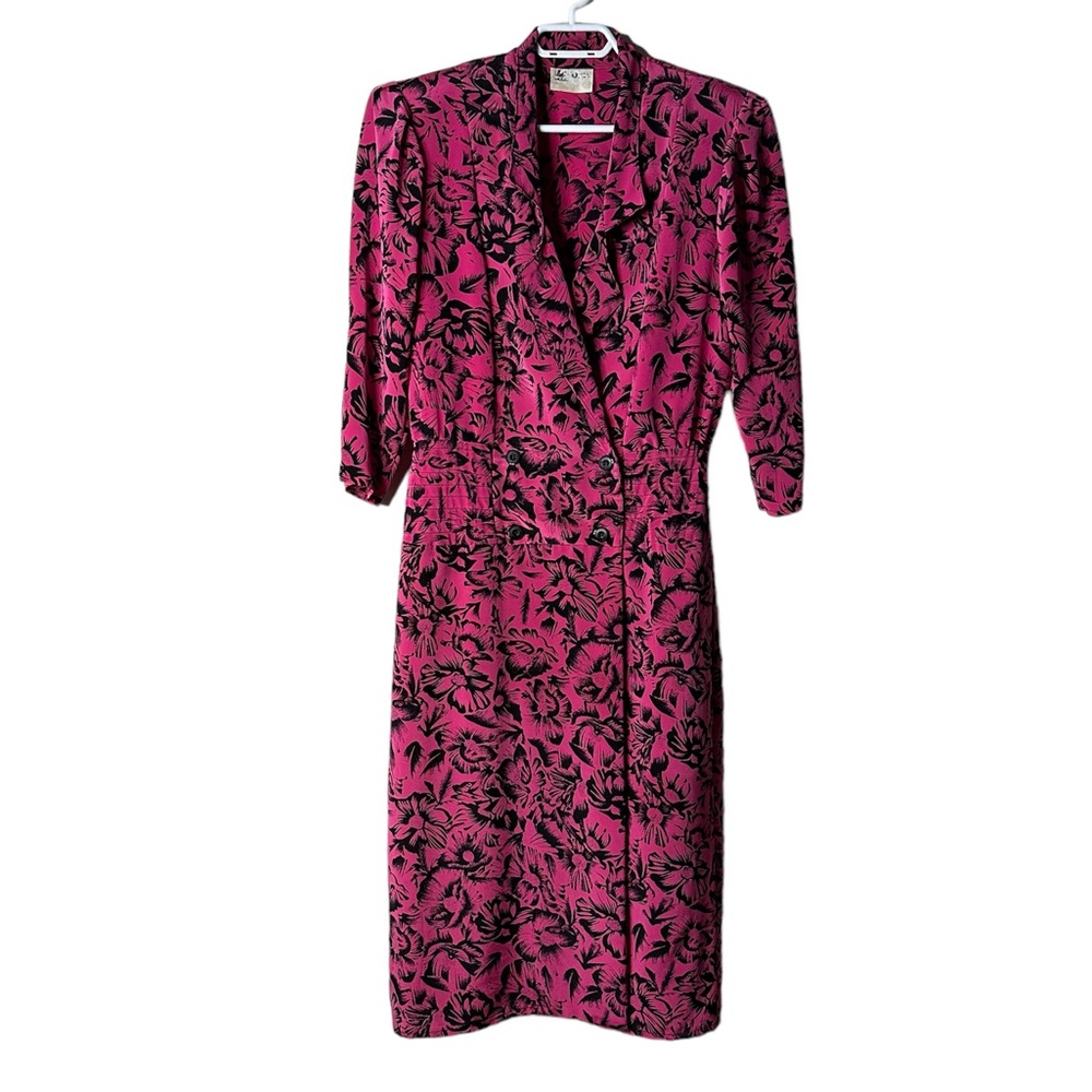 Vintage Floral Pink Black Wrap Dress 11/12